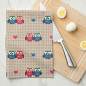 愛フクロウが付いている点検されたパターン キッチンタオル (四つ折り)