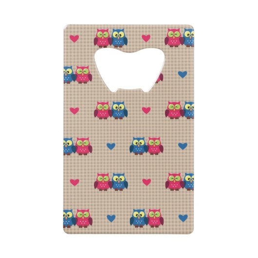 愛フクロウが付いている点検されたパターン クレジットカード栓抜き (正面)