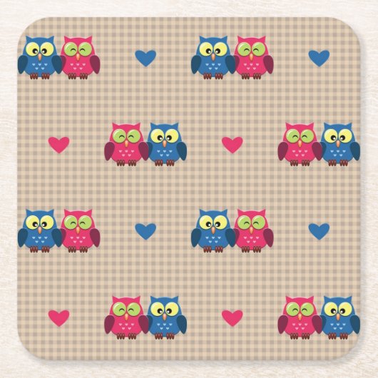 愛フクロウが付いている点検されたパターン スクエアペーパーコースター (正面)