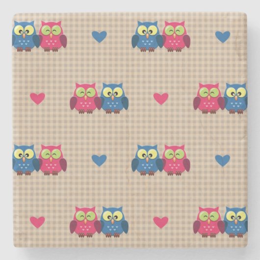 愛フクロウが付いている点検されたパターン ストーンコースター (正面)