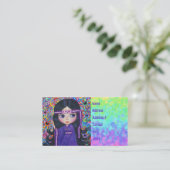 愛ヘッドバンドのヒッピーの女の子の人形の紫色のサイケデリック 名刺 (スタンド正面)