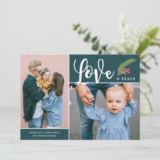 愛モダンと平和の二つの写真ティール(緑がかった色) シーズンカード (スタンド正面)