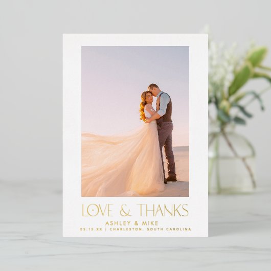 愛モダンと感謝してい2写真の結婚ありがとう 箔招待状 (立ち正面)