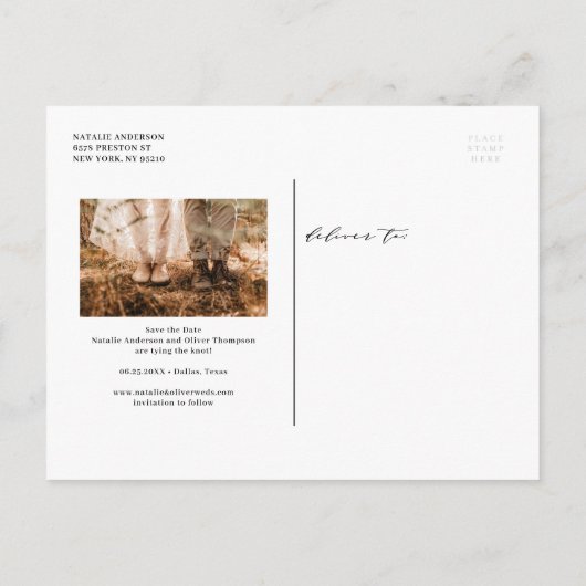 愛モダンタイポグラフィ写真の保存日付 案内ポストカード (裏面)