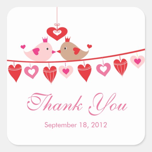 愛モダン鳥ハートブライダルシャワーありがとう スクエアシール (正面)