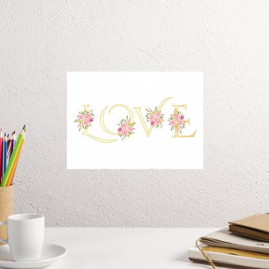 "愛モダン"とピンクのバラの花束は白 箔ポスター (インサイチュ (デスク2))