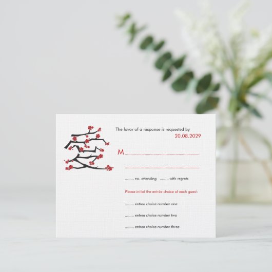 愛中国のさくらんぼ花咲き赤桜結婚 出欠カード (スタンド正面)