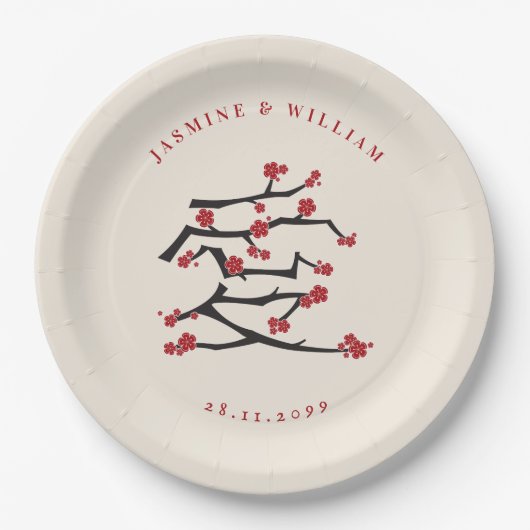 愛中国の赤さくらんぼ婚約 ペーパープレート (正面)
