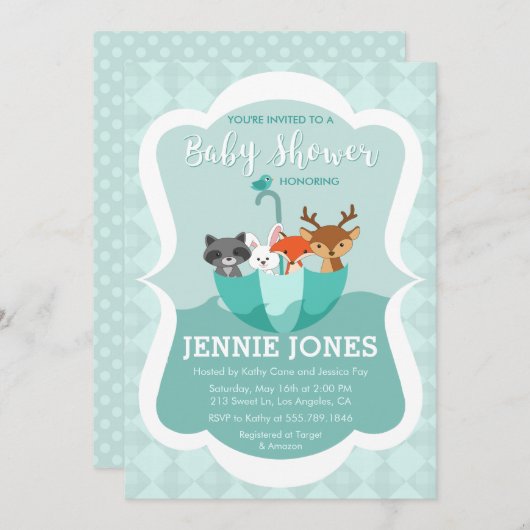 愛動物のベビーシャワーの招待状とあふれられる 招待状 (正面/裏面)