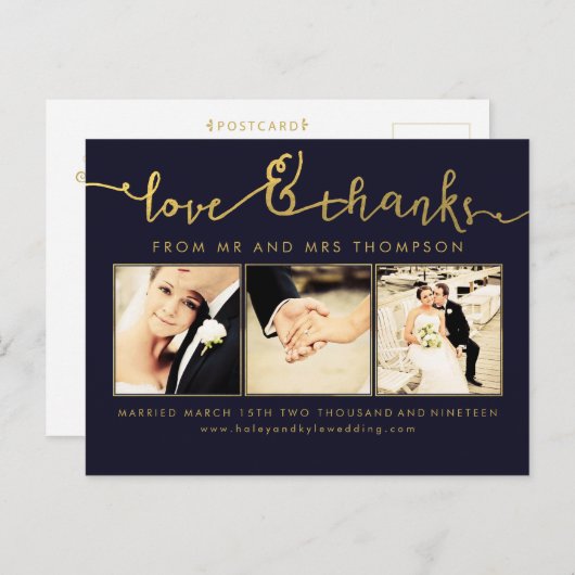 愛及び感謝の原稿の写真を結婚する海軍金ゴールド ポストカード (正面/裏面)