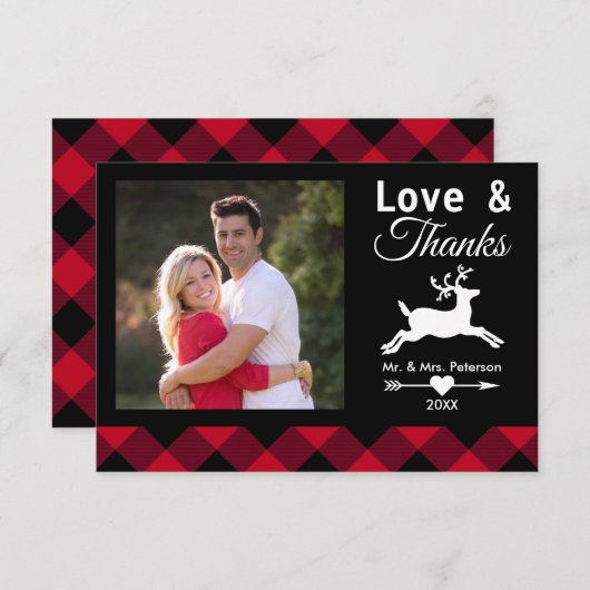 愛及び感謝の赤いバッファローの格子縞の休日の写真 サンキューカード (正面/裏面)