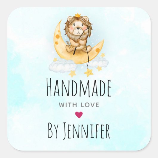 愛可愛いライオンの魚釣りが作る月 スクエアシール (正面)