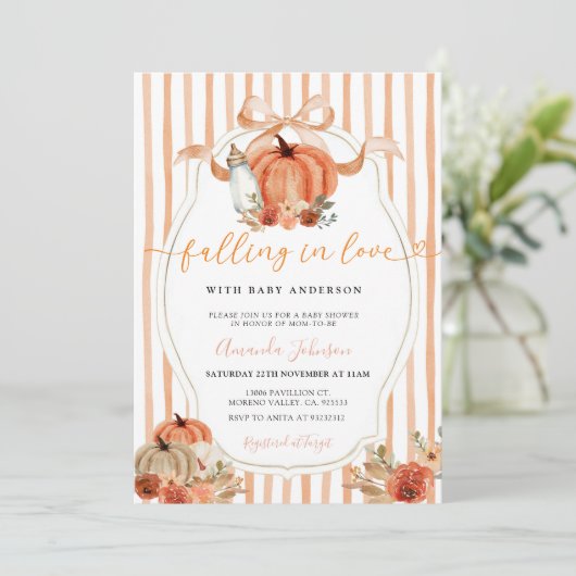 愛名門私立校風のの赤ちゃんシャワーに落ちるカボチャ 招待状 (スタンド正面)