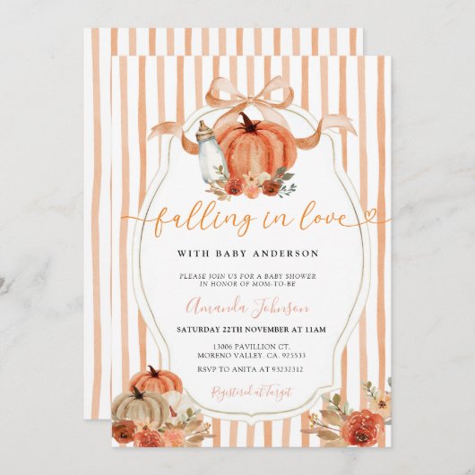 愛名門私立校風のの赤ちゃんシャワーに落ちるカボチャ 招待状 (正面/裏面)