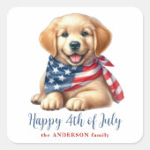 愛国の子犬ゴールデンレトリバーハッピー4日（7月） スクエアシール (正面)