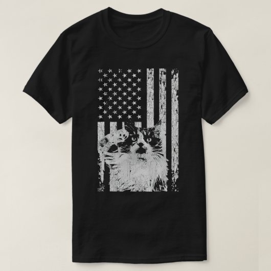 愛国の猫を飼っているアメリカ国旗 Tシャツ (デザイン正面)