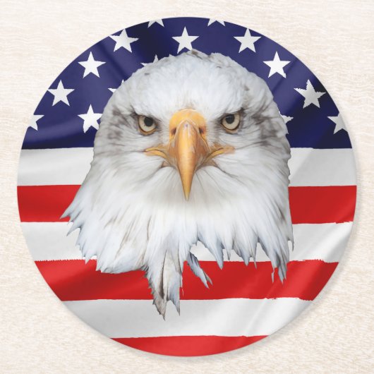 愛国の贈り物をアピールするハゲのワシ ラウンドペーパーコースター (正面)