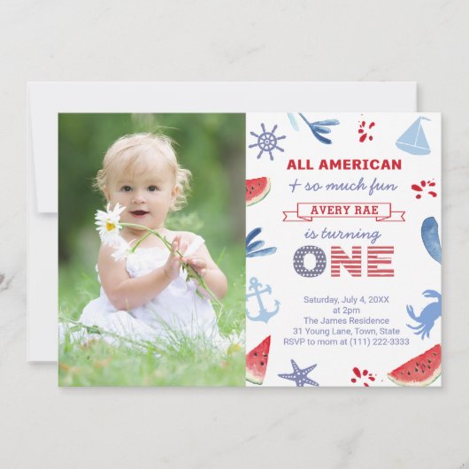 愛国アメリカビーチ1st誕生日パーティー写真 招待状 (正面)