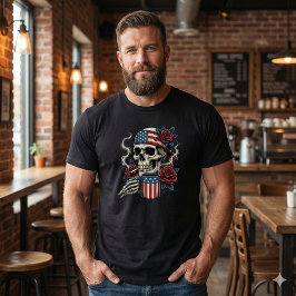 愛国アメリカン・ドクロのコーヒー&バラTシャツ Tシャツ
