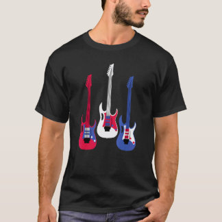 愛国アメリカ国旗赤ギターホワイトギターブルー Tシャツ