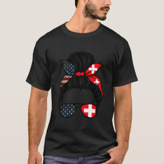 愛国アメリカ スイス ママ アメリカ国旗 スイス国旗 Tシャツ