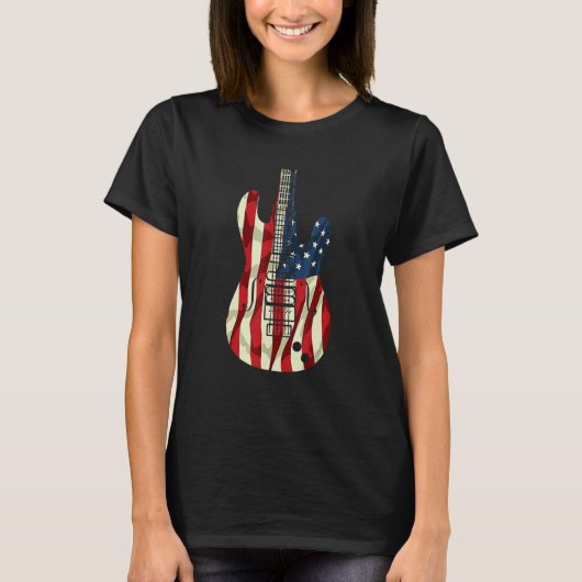 愛国アメリカUSAフラグギター7月4日独立記念日 Tシャツ (正面)