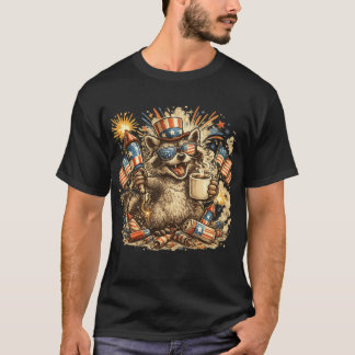 愛国アライグマ コーヒー 花火 7月4日Tシャツ Tシャツ
