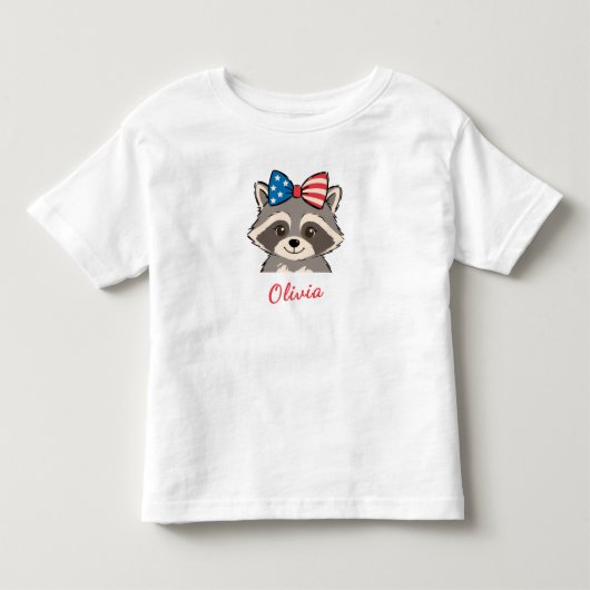 愛国アライグマ 赤 白 青 リボン 名前入り トドラーTシャツ (正面)