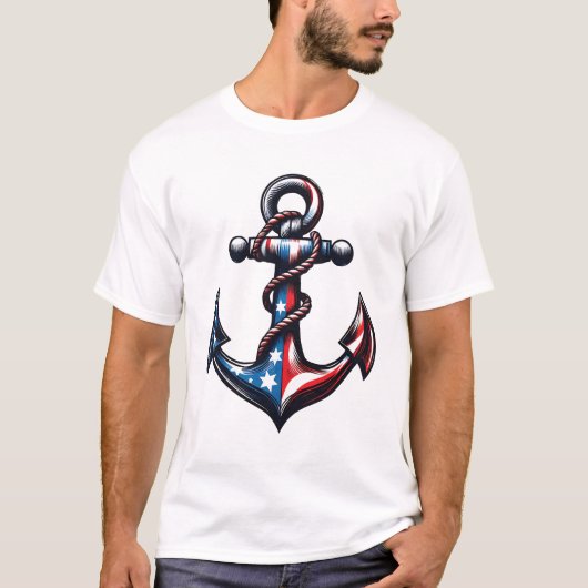 愛国アンカー 7月4日 ボート アメリカ国旗 Tシャツ (正面)