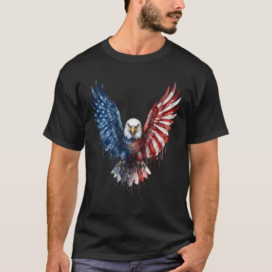 愛国ウォーターカラーハクトウワシ アメリカ国旗 Tシャツ (正面)
