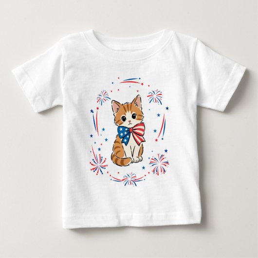 愛国キティン 花火 – 赤 白 青 リボン ベビーTシャツ (正面)