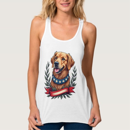 愛国ゴールデンレトリバーアメリカーナアートTシャツ2 タンクトップ (正面)