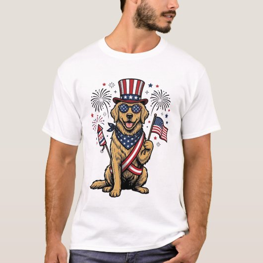 愛国ゴールデンレトリバー 花火 ヴィンテージTシャツ Tシャツ (正面)