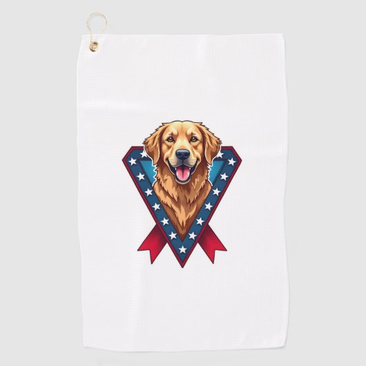 愛国ゴールデンレトリーバー勝利リボンTシャツ ゴルフタオル (正面)