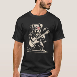 愛国サングラス アメリカ国旗 犬 ギター演奏 Tシャツ