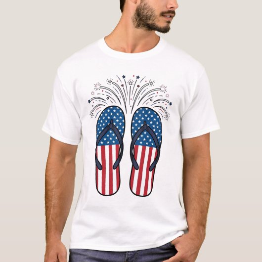 愛国サンダル 花火 サマーTシャツ デザイン Tシャツ (正面)