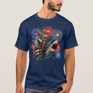 愛国シャークカウボーイがホホジロザメにまたがる Tシャツ