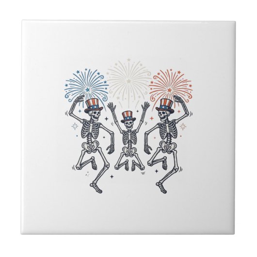 愛国ダンシングスケルトン花火ビンテージTシャツ タイル (正面)