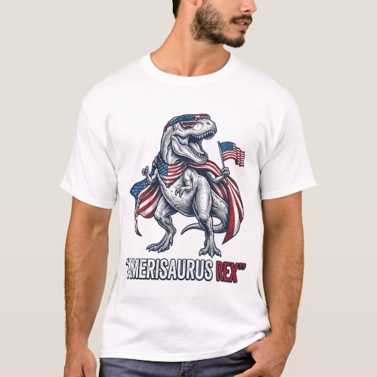 愛国ティラノサウルス 白いTシャツ デザイン Tシャツ (正面)