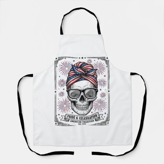愛国ドクロ 花火 古風な彫刻Tシャツ_ エプロン (正面)