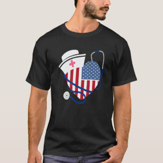 愛国ナース 7月4日 アメリカ国旗 ハート Tシャツ