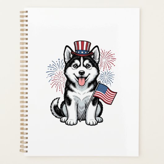 愛国ハスキー子犬ビンテージ彫刻Tシャツデザイン プランナー手帳 (正面)