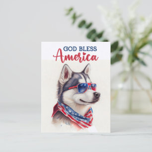 愛国ハスキー犬、「神よアメリカを祝福し給え」ポストカード ポストカード
