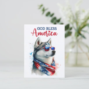 愛国ハスキー犬、「神よアメリカを祝福し給え」ポストカード ポストカード