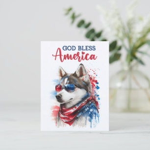 愛国ハスキー犬、「神よアメリカを祝福し給え」ポストカード ポストカード