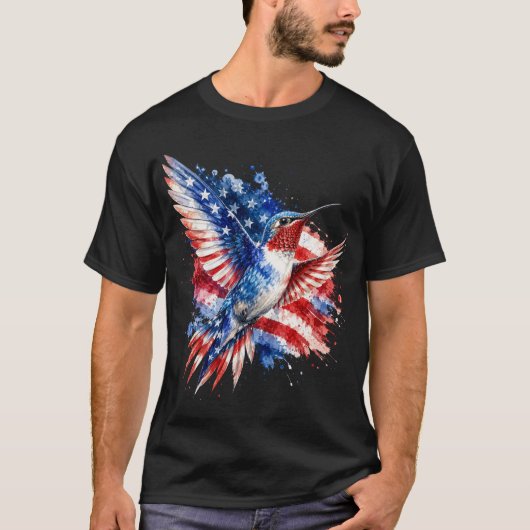 愛国ハチドリ、アメリカ国旗の鳥のグラフィック Tシャツ (正面)