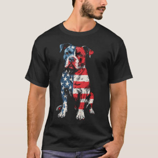 愛国ハートのピットブル アメリカ国旗 犬のママ ピットブル Tシャツ