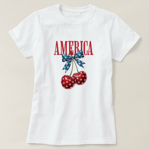 愛国ハートチェリーフラグボウ七月四日Tシャツ Tシャツ