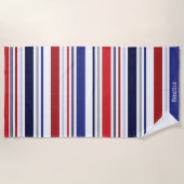 愛国パーソナライズされた赤白青ストライプ ビーチタオル (正面)
