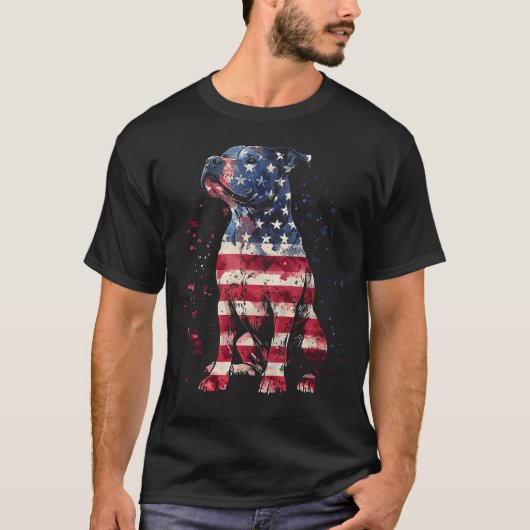 愛国ピットブルアメリカ国旗7月4日犬 Tシャツ (正面)